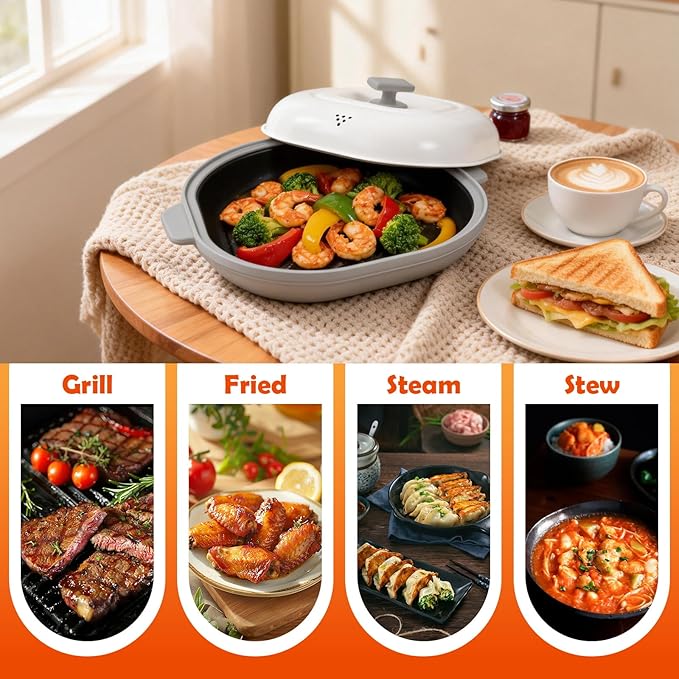 AHJ Microwave Grill Pan with Lid, Microwave Cooker Multi-Use for Grilling, Frying, Browning and Crisping, Microwave Griller & Crisper Pan for Grill Meat, Sandwich, Vegetable, Egg, Potatoes (Gray)