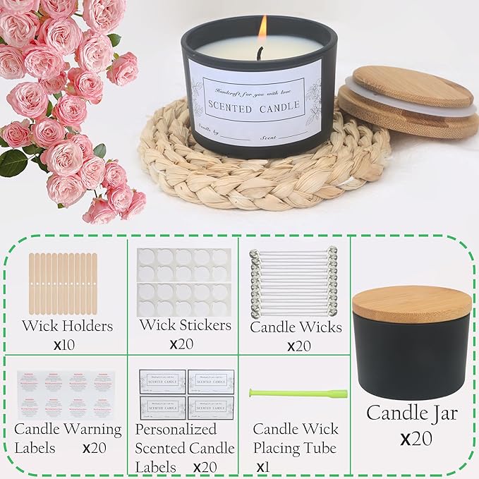 MILIVIXAY 20 Pack 4 OZ Matte Black Glass Candle Jars with Lids and Candle Making Kits - Bulk Wide Mouth Small Empty Candle Jars for Making Candles - Spice, Powder Containers.