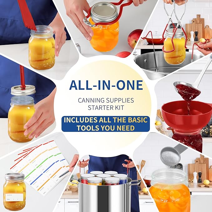 Canning Supplies Starter Kit,Canning Kit for Beginners of 9 with Jar Lifter，Wide Mouth Funnel,Wrench,Tongs,Lid Lifter,Bubble Popper,Canning Labels,ladle,Measuring spoon-Red