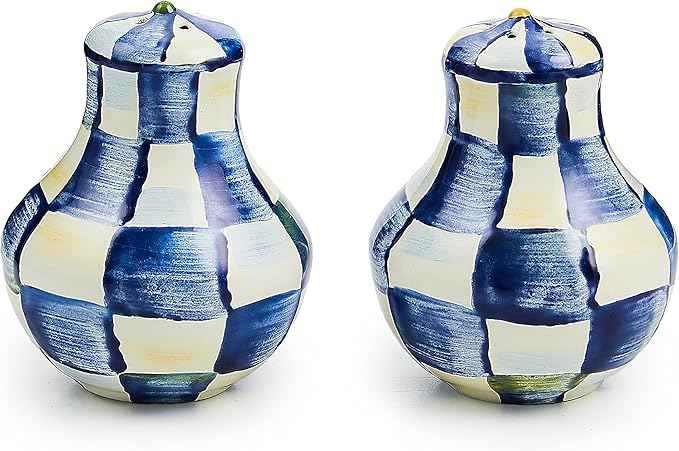 MACKENZIE-CHILDS Enamel Salt and Pepper Shakers, Kitchen Table Spice Shaker Set, Blue-and-White Royal Check, Small