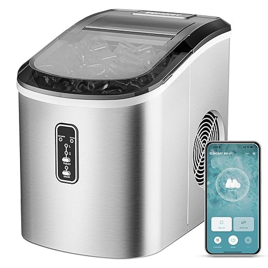 EUHOMY Smart Ice Makers Countertop -26lbs in 24 Hours, 9 Cubes Ready in 8Mins, Self-Cleaning Countertop Ice Maker, Portable Ice Maker with Ice Scoop and Basket, Perfect for Home/Kitchen/Office(Sliver