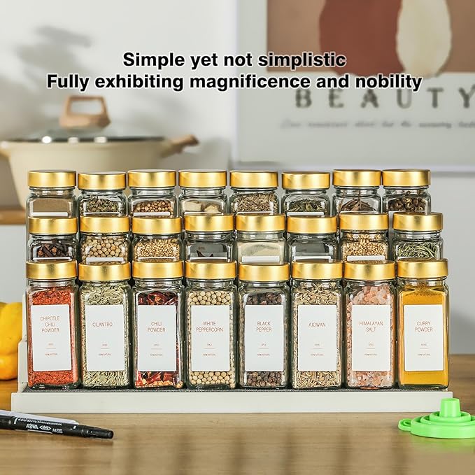 Gold Spice Jars with Label，4oz Seasoning Containers, Glass Spice Bottles with Shaker Lids,Funnel, Chalk Pen for Cabinet，Drawer，Rack (48)