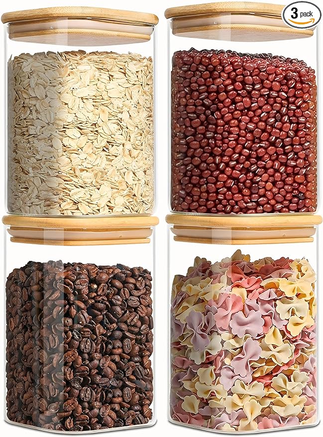 1.2 Qt Square Glass Storage Containers with Lids, glass jar with airtight lid, Glass Canister for Pantry Cookie Flour Cereal Rice Sugar Tea Coffee Beans Spice, Square Set of 4