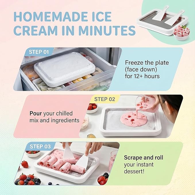 At-Home Rolled Ice Cream Maker Kit, Instant Freeze Plate with 2 Scrapers, DIY Ice Cream Roll Tray for Kids & Adults, Homemade Gelato, Sorbet & Frozen Yogurt, Stainless Steel Dessert Maker (White)