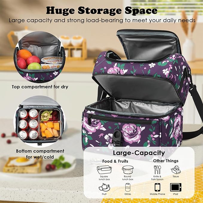 PBRO Double Deck Insulated Lunch Bag for Women,Large Reusable Lunch Box with Adjustable Shoulder Belt and Side Pockets,Cute Floral Leakproof Lunch Tote Cooler Bag for Adult Picnic,Working -Dark Purple