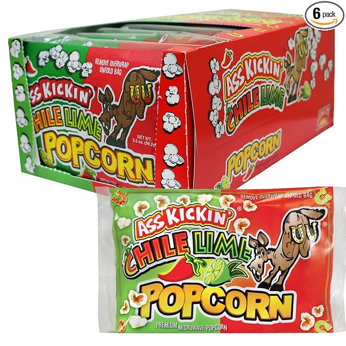 ASS KICKIN' Chile Lime Microwave Popcorn Bags - 6 Pack - Ultimate Spicy Popcorn Gourmet Gift - Makes a Great Movie Theater Popcorn or Snack Food for Movie Night