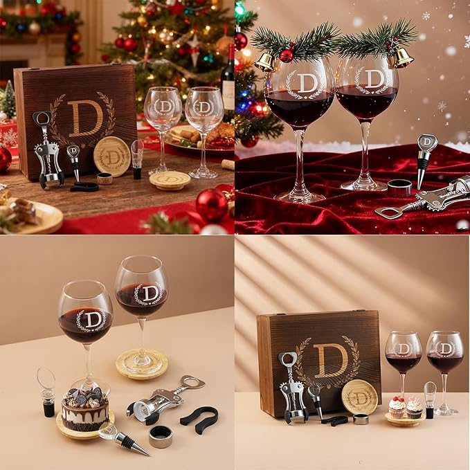 GZLDGIFTS Personalized Initial Wine Glasses Box Gift Set For Women Mom Engraved Birthday Monogrammed Wooden Christmas Gifts Wedding Anniversary Wine Couples Stopper Opener Initial Letterr (Y Set)