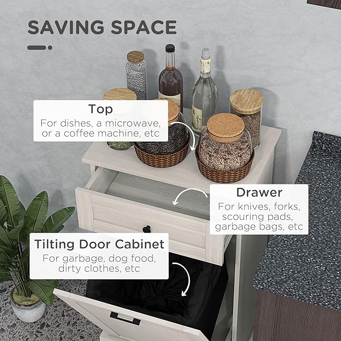 HRVEOCEI Single Tilt Out Trash Can Cabinet for 10 Gallon, Trash Can Holder Cabinet with Drawer, Farmhouse Garbage Cabinets for Kitchen Living Room, Easy to Clean (Gray)