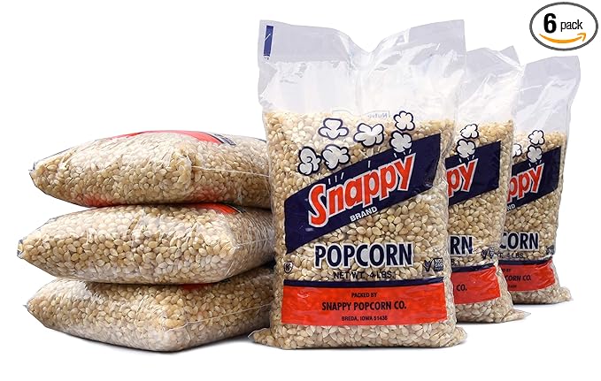 Snappy White Popcorn Kernels for Popping with Popcorn Machine, Air Popper or Stove Top, 4 lb Bags, 6 Pack