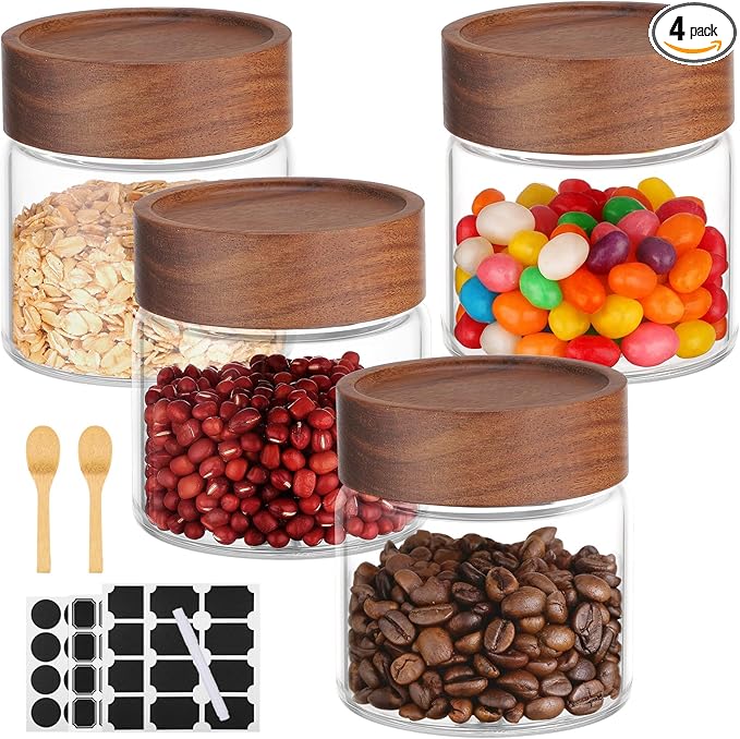 Glass Jar with Wood Lid, 4 Pack 8oz 240ml Coffee Jars with Airtight Lids, Wooden Screw Top Pantry Storage Glass Canister, Clear Kitchen Container for Spice, Sugar, Tea, Oats, Candy, Bean, Nuts