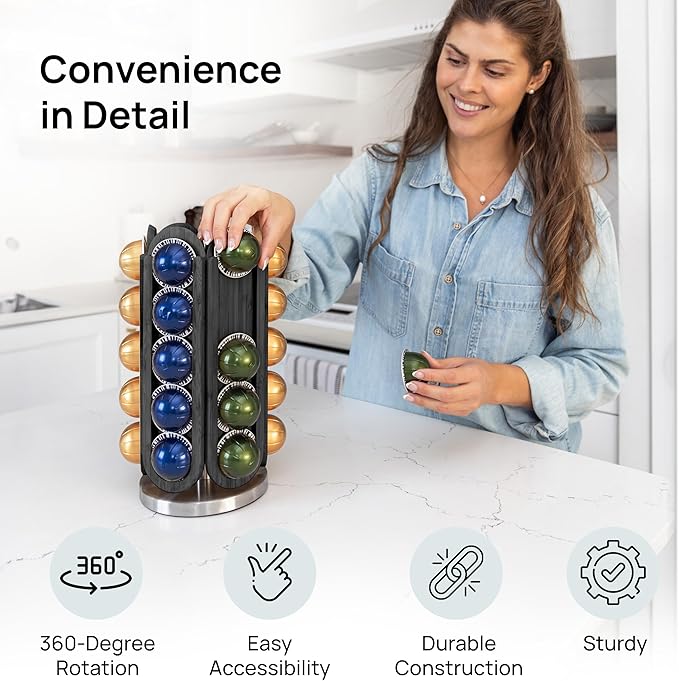 Ibyx 30-Capsule Nespresso Pod Holder – 360° Rotating Coffee Storage Stand – Compatible with Nespresso Vertuo – No Assembly, Black Wood Design