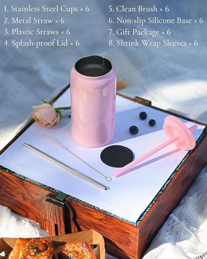 Glass Cups with Lids and Straws, 16oz Stainless Steels Cups, Beer Cups, Iced Coffee Cup, Smoothie Cup, Sublimation Tumbler, Pink (Shiny Polished Finish, Sublimatable)