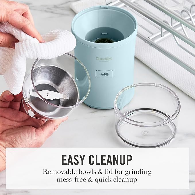 Martha Stewart Electric Coffee & Spice Grinder, Dual 2.5oz Removable Bowls, Storage Lids, Stainless Steel Blades, One Touch Pulse Control, 2-in-1 Compact, Beans & Spices, Herbs & Nuts, Sky Blue