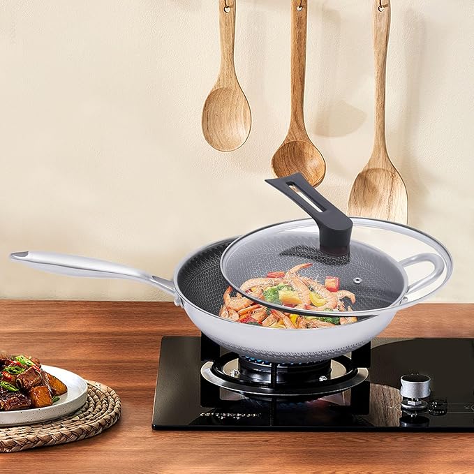 12Inch Woks & Stir-fry Pans Nonstick, Wok Pan with Glass Lid: Pre-Seasoned Flat Bottom Chinese Wok for Induction, Electric, Gas, All Stoves