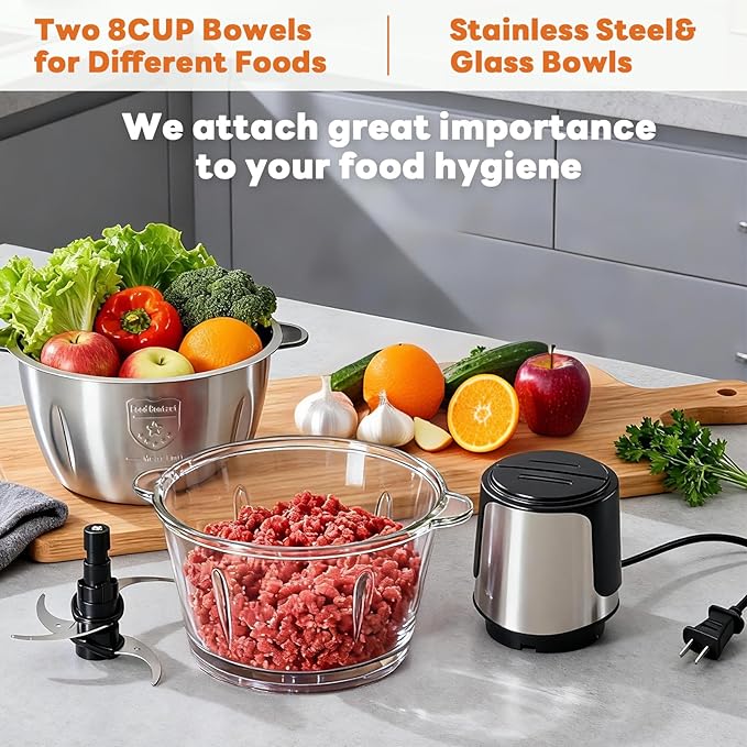 OLIXIS Electric Food Processor, 450W Meat Grinder & Vegetable Chopper with 2 Bowels for Home Use, Food Chopper with Double S-Blades for Vegetable, Onion, Garlic, Nuts, Meat