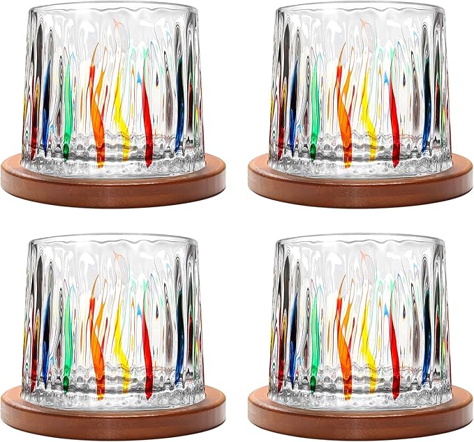 Rotatable Old Fashioned Glass, 275ml/10oz Crystal Whiskey Glass Set of 4, Wood Coaster, Thickening, Used as Rum Glass, Cocktail Cup, Coffee Cup, Milk Cup to Relax and Reduce Stress, Christmas gifts