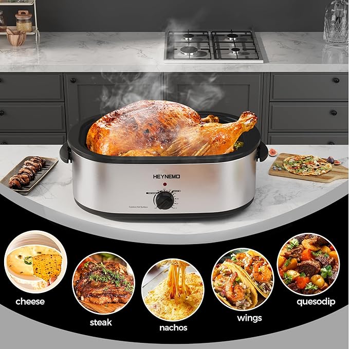 26Qt Turkey Roaster Oven Buffet with Self-Basting Lid, 1450W Electric Roaster Oven with Cool-Touch Handles, Stainless Steel Roaster Oven with Removable Pan and Rack, Silver