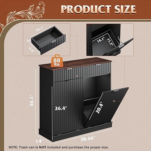 WLIVE 2 * 10 Gallon Double Tilt Out Trash Can Cabinet, Hidden Trash Can with Storage Drawers, Food/Clothes Storage Pet Proof Wooden Garbage Bin Cabinet for Kitchen, Home, Laundry (Black)