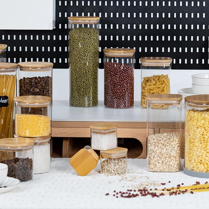 D2scrma 70oz Straight cylindrical Airtight Storage Jars with Bamboo Lid Set of 3 Storage Container Glass Jars, Kitchen Canister for Noodles, Pasta and Coffee beans (‎with Black Lable)