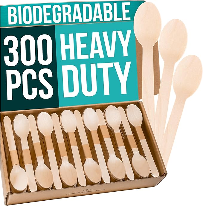 Disposable Wooden Spoons For Eating - 300pcs - Heavy Duty & Plastic Free - Our Guilt-Free FSC Certified Wood Protects Forests - A Great Alternative to Bamboo Spoons Disposable.