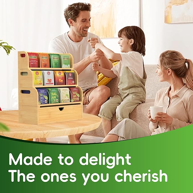 Bamboo Tea Bag Organizer for Coffee Bar, 4 Tier Modular Tea Organizer with Drawer, Large Capacity Tea Storage Box, Stackable Tea Station Organizer, No Assembly, Kitchen Counter
