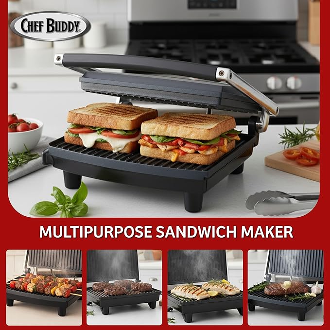 Panini Press Gourmet Grilled Cheese and Sandwich Maker - Electric Indoor Grill with Drip Tray for Healthy Cooking Options (Silver)