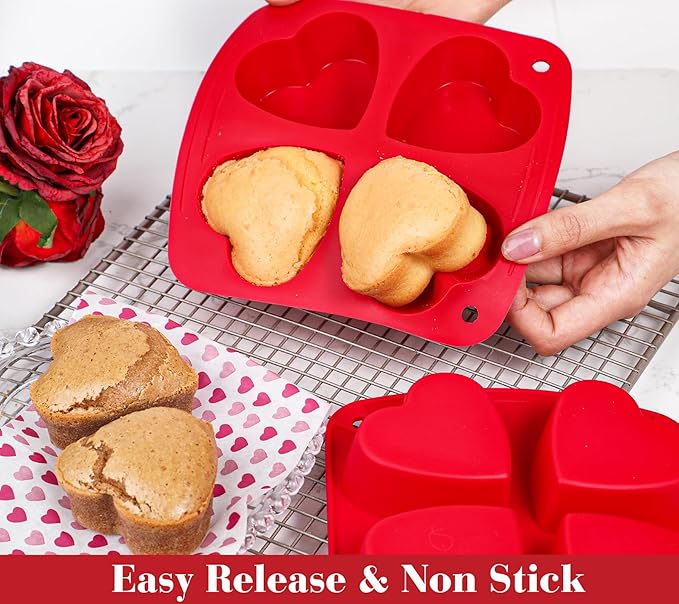 Webake Silicone Heart Mold 2.75" Heart Shaped Cake Pans, 4-Cavity Air Fryer Baking Pan Muffin Cupcake Mold for Baking, Soap, Egg Bites 2 Pack