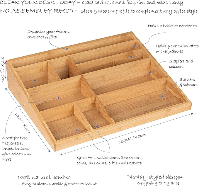 Theodore Bamboo Desk Organizer, 10 Compartment Desktop Organizer for Office Supplies, Mail, Pens and Notebooks, Wooden Countertop Organizer for Home Office Desk