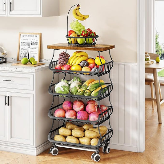 SAYZH Fruit Basket Kitchen Pantry Organizers and Storage - Wooden Top Table, Stackable Metal Wire Basket Stand Cart for Fruit Vegetable Snacks Onion Potato Organization (Black, 5 Tiers)