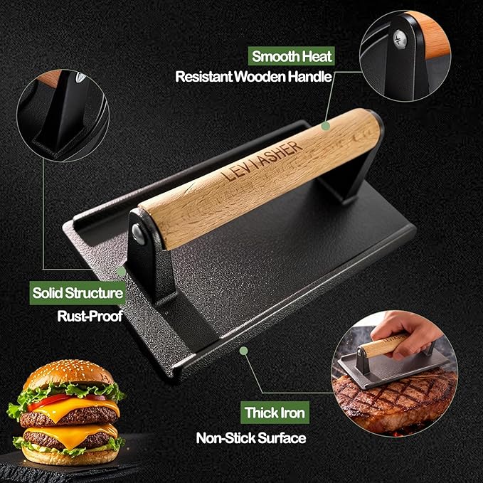 2.2 lb Heavy Duty Cast Iron Grill Press, 7.8X3.9 inch Rectangle Bottom Granular Burger Press with Wood Handle for Blackstone, Chef, Camp, Panini, Vegetable, Bacon, Sandwich, BBQ