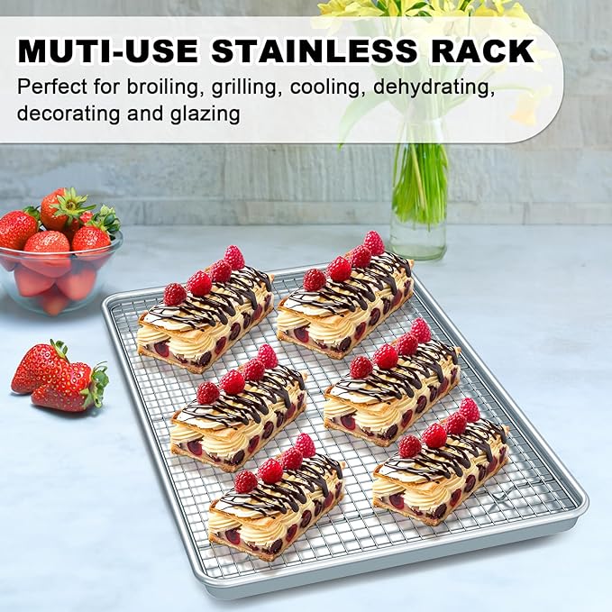 Half Sheet Pans with Rack Set, 13 Inch Commercial Quality Baking Sheet Pan Set, Natural Aluminum Cookie Sheet, Warp Resistant Nonstick Thick Cookie Tray Pans for Baking, Roasting