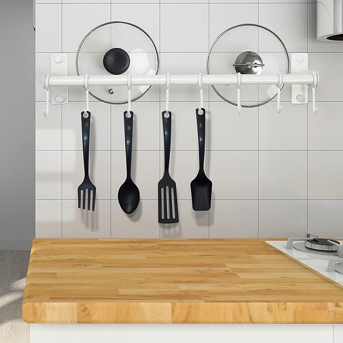 Dseap Pot Rack - Pots and Pans Hanging Rack Rail with 8 Hooks, Double Bars, Pot Hangers for Kitchen, Wall Mounted, White, 2 Packs
