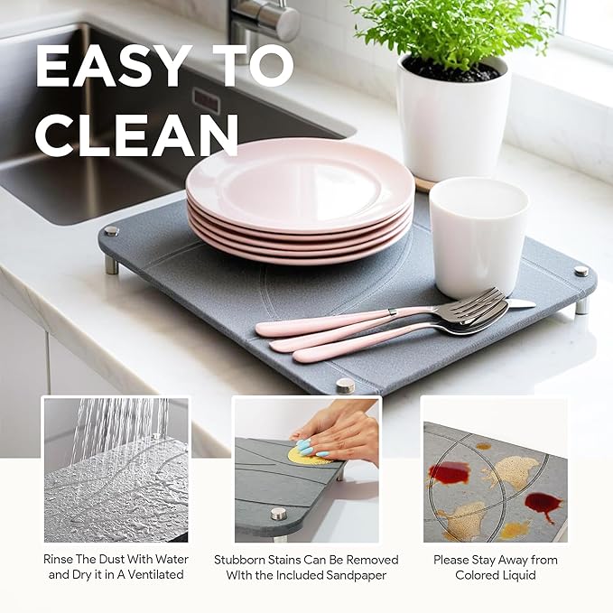 Nested Dish Drying Stone Mat with Bamboo Rack | 2 Pcs Diatomaceous Earth Stone Drying Mats for Kitchen Counter with Non-Slip Feet | Collapsible Large Drying Stone for Dishes (Dark Gray)