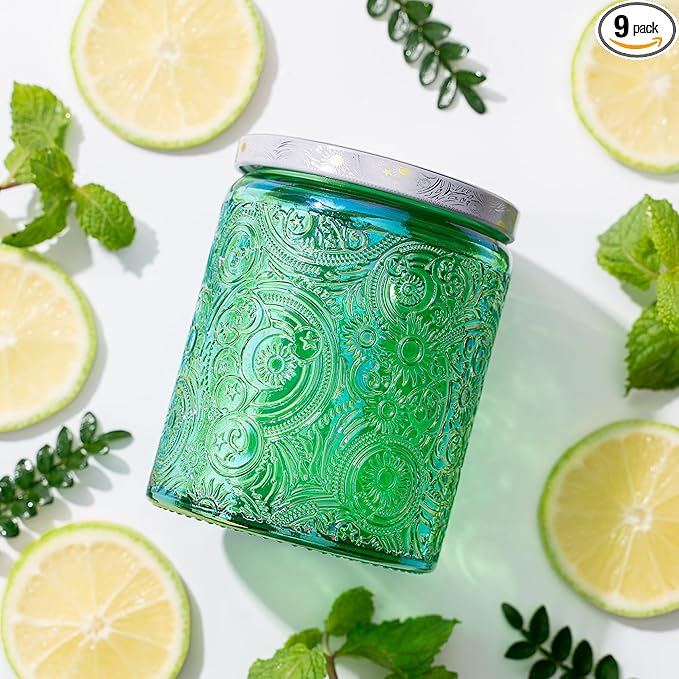 Art Secret 9-Pack 8oz Embossed Glass Candle Jars with Lids and Labels - Sun Moon Stars Design (Shining Green)