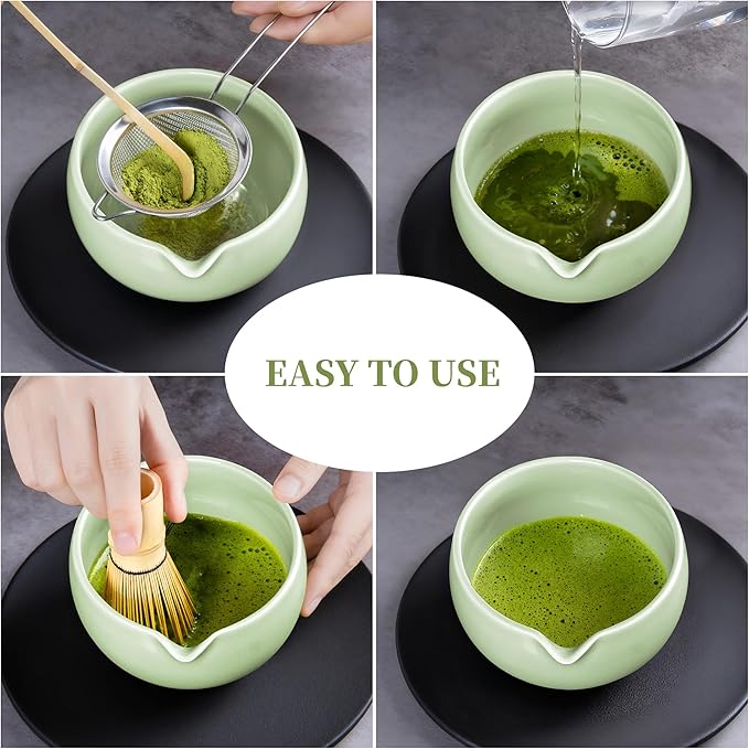YIBO Matcha Whisk Set, Matcha Kit Bamboo Whisk and Ceramic Bowl with Spout & Measuring Spoon & Cup, Japanese Ceremony Matcha Tea Making Tools Green