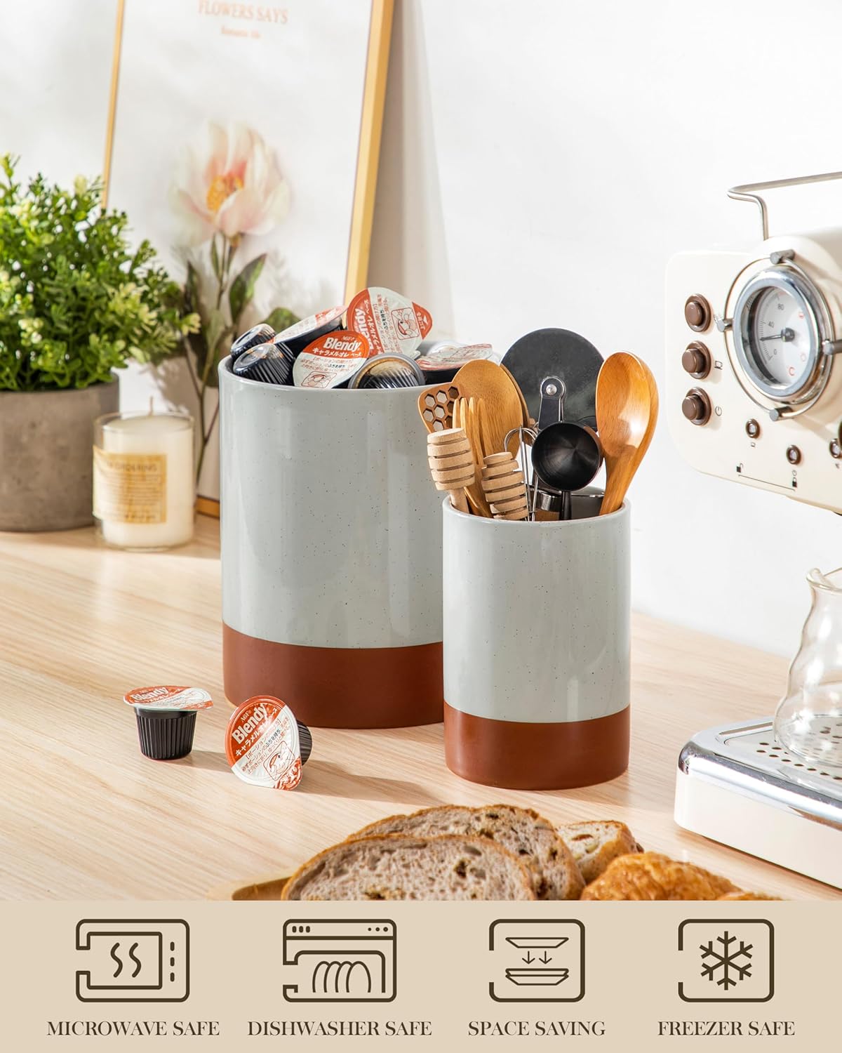 MALACASA Utensil Holder, 5.5" Ceramic Kitchen Utensil Holder for Countertop, Cooking Utensil Crock for Kitchen Counter, Farmhouse Utensil Organizer for Spatula & Spoon, Khaki Gray, Series TARA