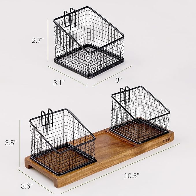 HTB Tea Organizer for Tea Bags, Tea Bag Holder with Acacia Wood Stand and 3 Removable Metal Basket for Sugar Packets, Sweeteners, Creamers for Cabinet, Countertop
