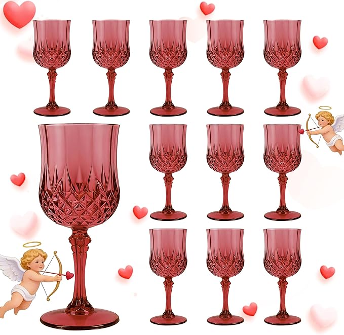 Plastic Wine Glasses, Plastic Goblets Vintage Style Cordial Unbreakable Drinking Glasses, Reusable Drinkware for Wedding Reception, Grand Event Party Supplies, Mother's Day (12, Burgundy)