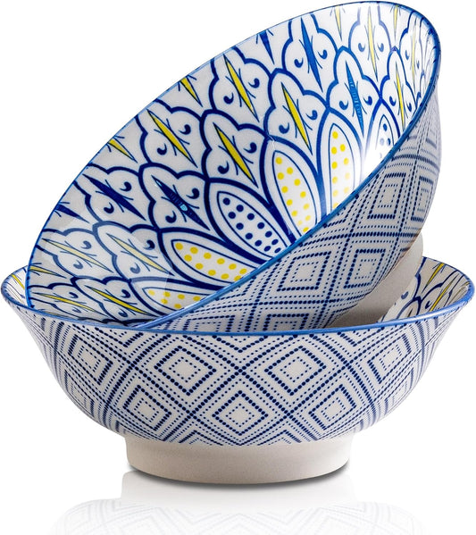 Ceramic Serving Bowls 8 Inch Set of 2, Large Bowls for Pasta Soup Fruit Ramen Cereal, Dinner, Salad, Oatmeal, Microwave & Dishware Safe, Colorful Bohemian Style