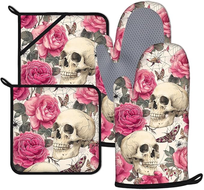 Skull Rose Oven Mitts and Pot Holders Sets 4Pcs Silicone Non-Slip Mitts Heat Resistant Gloves Hot Pads for Kitchen Cooking Baking Grilling BBQ