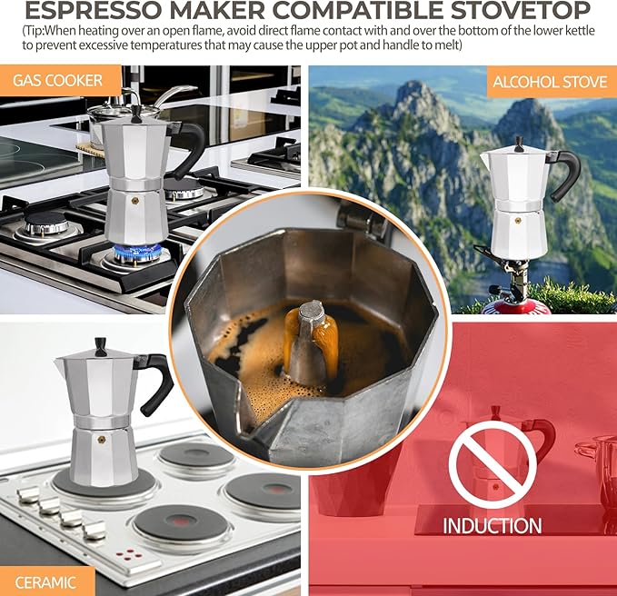 Aluminum 3 Cup 150ml Moka Pot Express Coffee Maker Stovetop Espresso Percolator Coffeemaker Italian Classic Style Brewing Greca Cafe Mocha Machine for Cafeteras Lover Camping Travel and Home Use 5oz