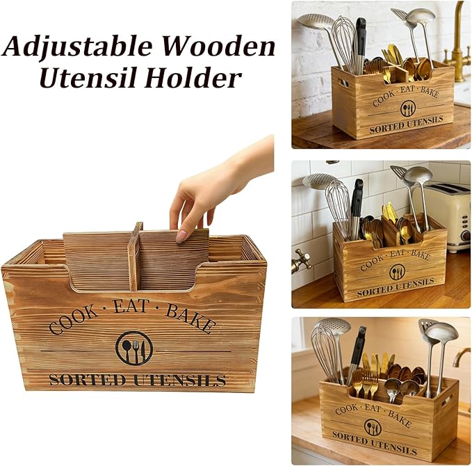 Upgraded Kitchen Utensil Holder for Counter or Countertop, Extra Large Utensil Holder with three Adjustable Combination Designs, Wooden Utensil Holder for Storage Cooking and Silverware