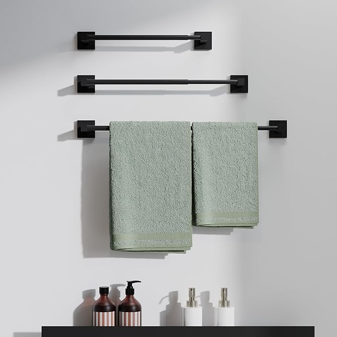 RUACQ Adjustable Towel Bar 13.8 to 24 inch,Square Base Single Towel Racks for Bathroom,Stainless Steel Towel Holder wall Mounted,Sturdy and Rustproof(Matte Black)