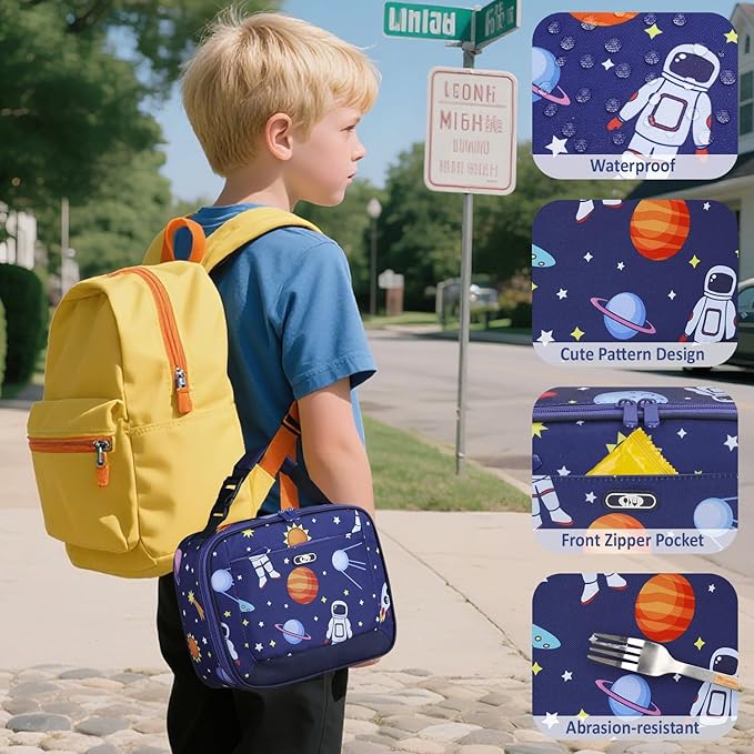 Lunch Box Kids Insulated Lunch Bag for Boys Girls Cute Reusable Lunch Tote Bag Waterproof Portable Thermal Lunch Box Kids for School Picnic Travel Blue Space