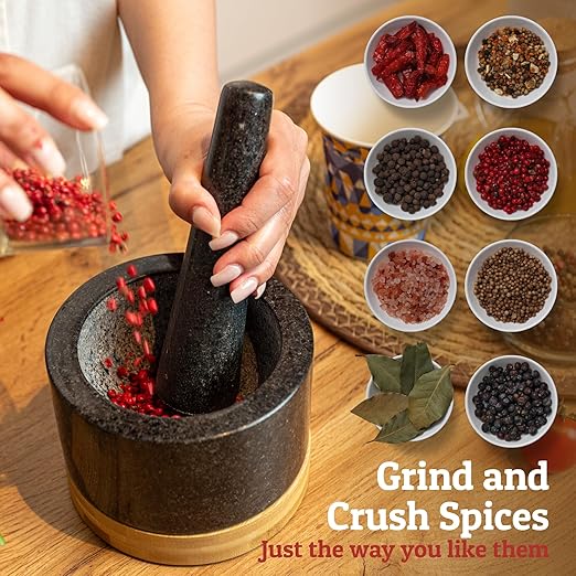 PriorityChef Heavy Duty Mortar and Pestle Set with Bamboo Base, 100% Natural Granite Stone Grinder, Guacamole Bowl and Masher, 1.5 Cups, Black