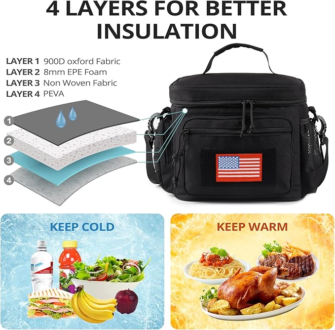 ATRIPACK Lunch Box for Men, Tactical Lunch Bag MOLLE Webbing Leakproof Insulated Large Lunch Cooler Women Adult Meal with Adjustable Shoulder Strap Durable Lunch Pail(Black)