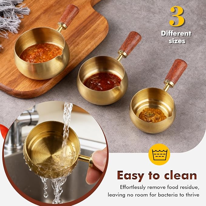 3 Pieces Stainless Steel Mini Sauce Pan with Wooden Handle & Spout, 1.7/3.4/5.1 Oz Gold Small Butter Warmer Saucepan, Reusable Sauce Pot Dipping Bowl (Gold)