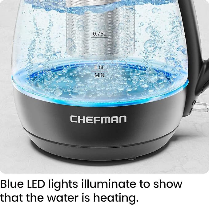 Chefman Electric Kettle with Tea Infuser, Compact 1L (4 Cups), 1500W, Removable Lid for Easy Cleaning, Boil-Dry Protection, Stainless Steel Filter, BPA Free, Auto Shut Off, Small Electric Tea Kettle