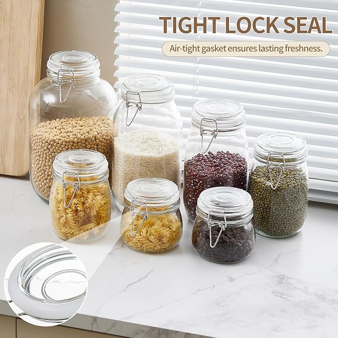 1 Gallon Glass Food Storage Jars with Airtight Lids, Set of 1 – Clear Preserving Seal Wire Clip Fastening Canisters for Kitchen Canning, Flour, Cereal, Pasta, Sugar, Beans, Pickling Jars (1gallon*1)