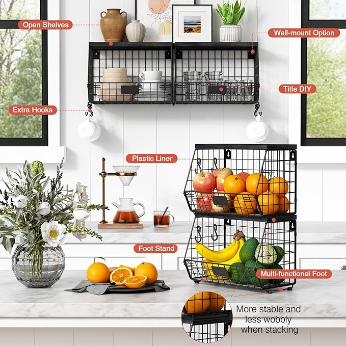 Goozii Black Kitchen Wall Hanging Storage Basket Set of 2, Rustic Stackable Kitchen Counter Fruit Organizer, Wire Baskets Container for Veggie, Garlic, Produce, Onion and Potato (Black Shelf)